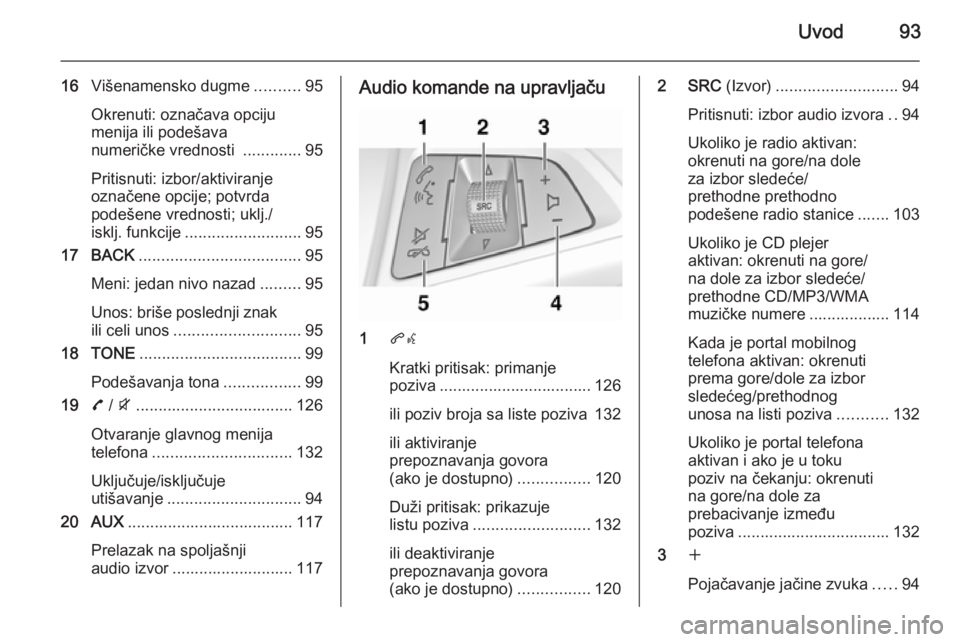 OPEL ZAFIRA C 2015.5  Uputstvo za rukovanje Infotainment sistemom (in Serbian) Uvod93
16Višenamensko dugme ..........95
Okrenuti: označava opciju
menija ili podešava
numeričke vrednosti  .............95
Pritisnuti: izbor/aktiviranje
označene opcije; potvrda
podešene vredno