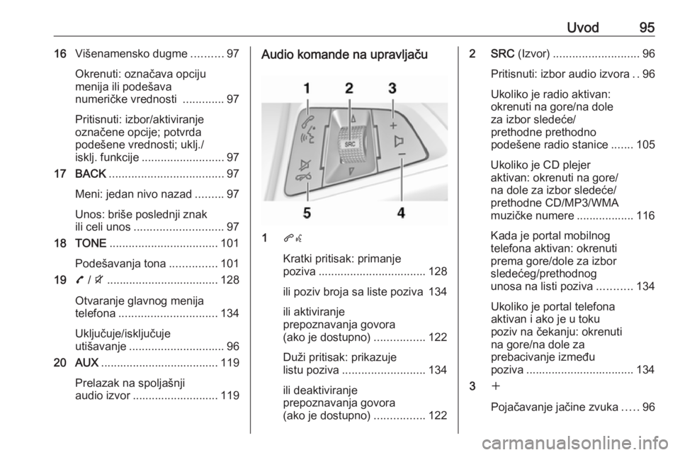 OPEL ZAFIRA C 2016 Uputstvo za rukovanje Infotainment sistemom (in Serbian) Uvod9516Višenamensko dugme ..........97
Okrenuti: označava opciju
menija ili podešava
numeričke vrednosti .............97
Pritisnuti: izbor/aktiviranje
označene opcije; potvrda
podešene vrednos OPEL ZAFIRA C 2016 Uputstvo za rukovanje Infotainment sistemom (in Serbian) Uvod9516Višenamensko dugme ..........97
Okrenuti: označava opciju
menija ili podešava
numeričke vrednosti .............97
Pritisnuti: izbor/aktiviranje
označene opcije; potvrda
podešene vrednos