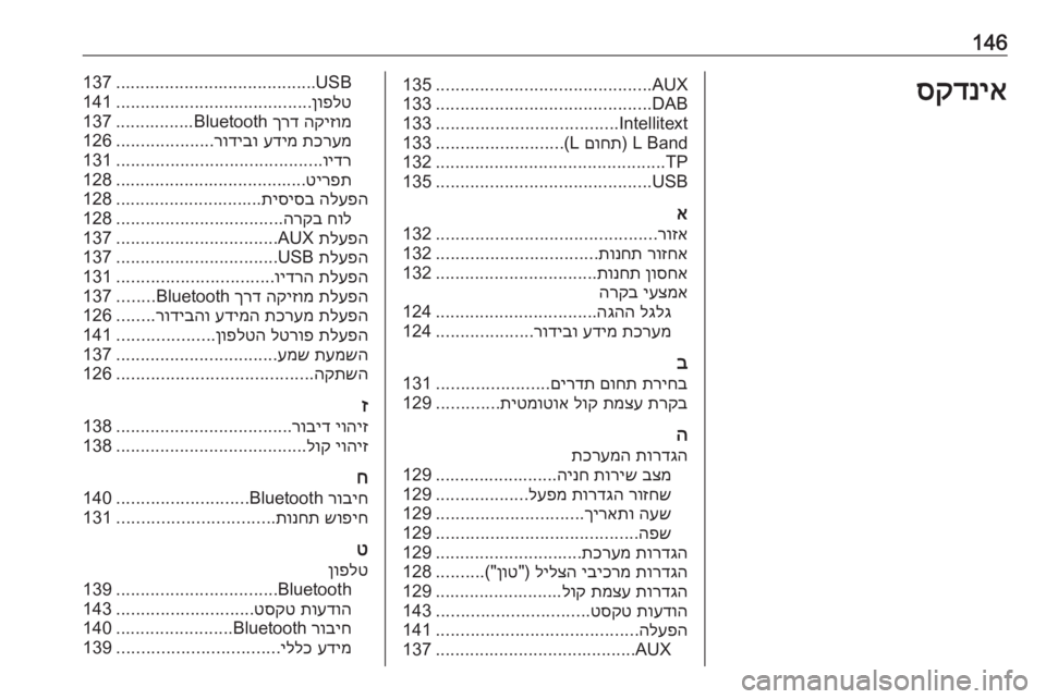 OPEL ASTRA K 2016  מערכת מידע ובידור 146סקדניאAUX
............................................
135
DAB
............................................
133
Intellitext
.....................................
133
L Band) 
םוחת
 L(
...