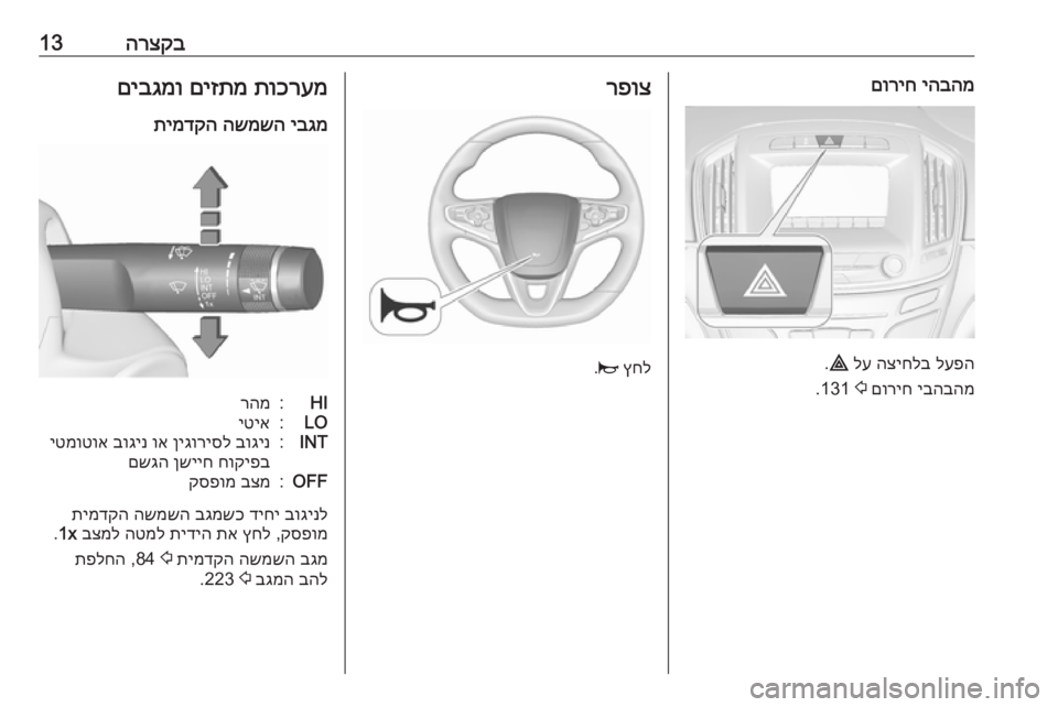 OPEL INSIGNIA 2016  ספר הנהג הרצקב13יהבהמ
 
םוריח
לעפה
 
הציחלב
 
לע
 
¨
.
יבהבהמ
 
םוריח
 
2
 131.
רפוצ
ץחל
 
j
.
תוכרעמ
 
םיזתמ
 
םיבגמו
יבגמ
 
השמשה
 
ת