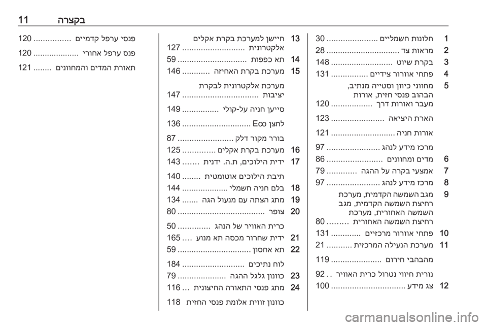 OPEL MERIVA 2016  ספר הנהג הרצקב111
תונולח
 
םיילמשח
......................
30
2
תוארמ
 
דצ
................................
28
3
תרקב
 
טויש
 
...........................
148
4
יחתפ
 
רו