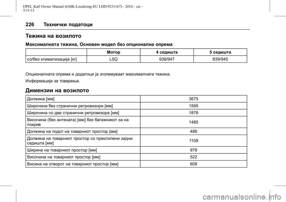 OPEL KARL 2015.75  Сопственички прирачник OPEL Karl Owner Manual (GMK-Localizing-EU LHD-9231167) - 2016 - crc -
5/11/15
226Технички податоци
Тежина на возилото
Максималната тежина, Основ