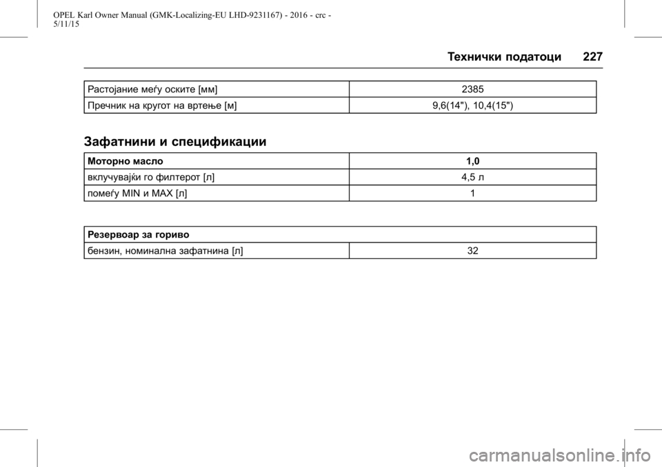 OPEL KARL 2015.75  Сопственички прирачник OPEL Karl Owner Manual (GMK-Localizing-EU LHD-9231167) - 2016 - crc -
5/11/15
Технички податоци227
Растојание меѓу оските[мм] 2385
Пречник на круго