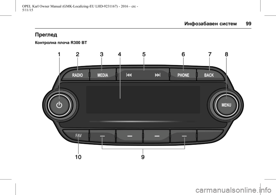 OPEL KARL 2015.75  Сопственички прирачник OPEL Karl Owner Manual (GMK-Localizing-EU LHD-9231167) - 2016 - crc -
5/11/15
Инфозабавен систем99
Преглед
Контролна плочаR300 BT 