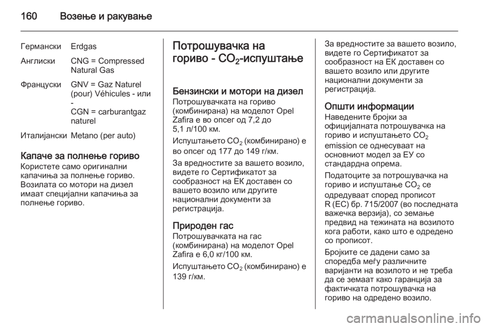 OPEL ZAFIRA B 2014 Сопственички прирачник 160Возење и ракување
ГерманскиErdgasАнглискиCNG = Compressed
Natural GasФранцускиGNV = Gaz Naturel
(pour) Véhicules - или
-
CGN = carburantgaz
naturelИт OPEL ZAFIRA B 2014 Сопственички прирачник 160Возење и ракување
ГерманскиErdgasАнглискиCNG = Compressed
Natural GasФранцускиGNV = Gaz Naturel
(pour) Véhicules - или
-
CGN = carburantgaz
naturelИт