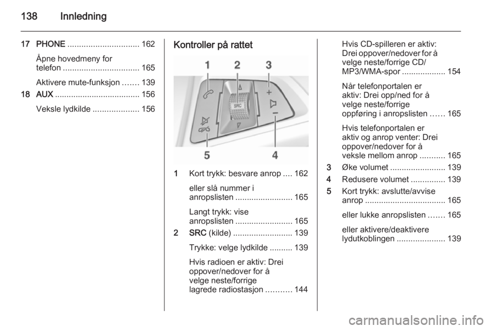 OPEL ASTRA J 2015  Brukerhåndbok for infotainmentsystem 138Innledning
17 PHONE............................... 162
Åpne hovedmeny for
telefon ................................. 165
Aktivere mute-funksjon .......139
18 AUX ...................................