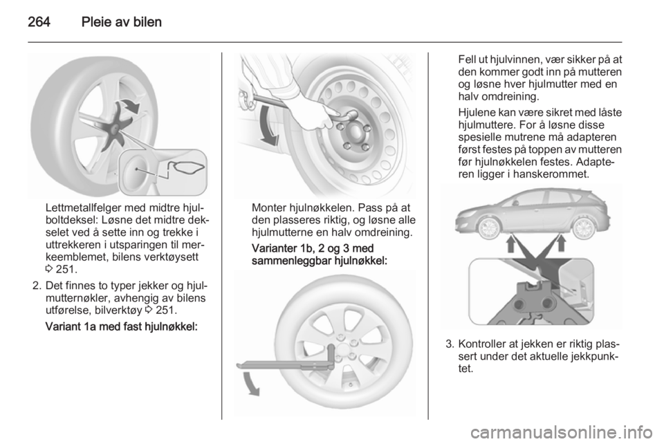 OPEL ASTRA J 2015.75  Instruksjonsbok 264Pleie av bilen
Lettmetallfelger med midtre hjul‐
boltdeksel: Løsne det midtre dek‐
selet ved å sette inn og trekke i
uttrekkeren i utsparingen til mer‐
keemblemet, bilens verktøysett
3  25