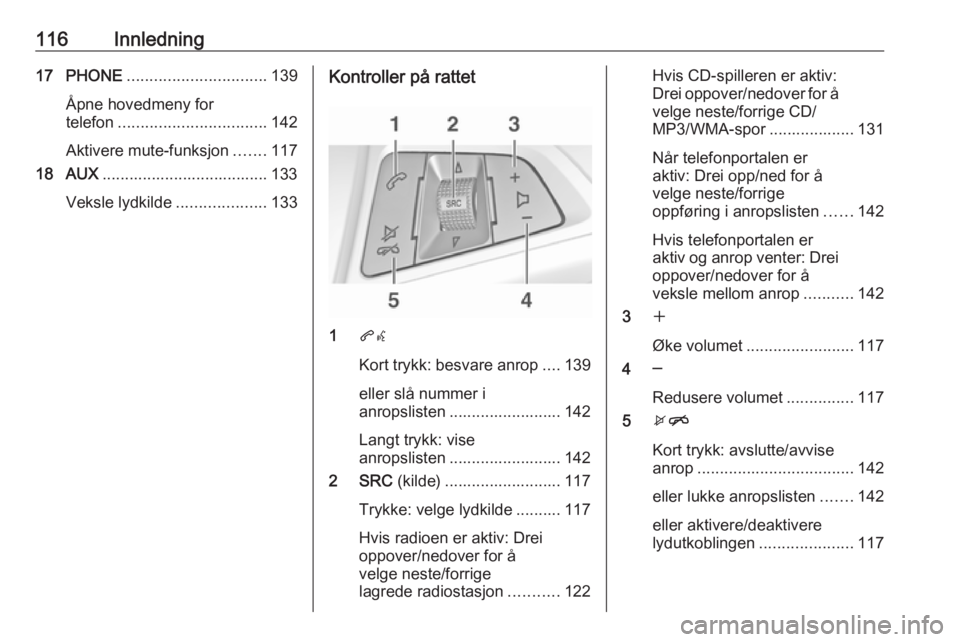 OPEL ASTRA J 2017  Brukerhåndbok for infotainmentsystem 116Innledning17 PHONE............................... 139
Åpne hovedmeny for
telefon ................................. 142
Aktivere mute-funksjon .......117
18 AUX ....................................
