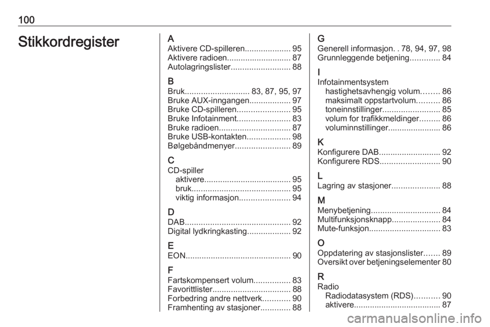OPEL CASCADA 2017  Brukerhåndbok for infotainmentsystem 100StikkordregisterAAktivere CD-spilleren ....................95
Aktivere radioen............................ 87
Autolagringslister ..........................88
B Bruk ............................ 83,