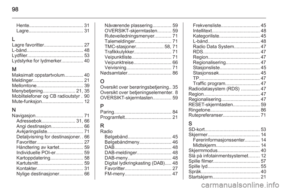 OPEL INSIGNIA 2015  Brukerhåndbok for infotainmentsystem 98
Hente......................................... 31Lagre ......................................... 31
L Lagre favoritter ............................. 27
L-bånd .....................................
