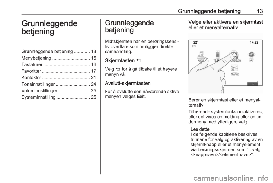 OPEL INSIGNIA 2016  Brukerhåndbok for infotainmentsystem Grunnleggende betjening13Grunnleggende
betjeningGrunnleggende betjening ............13
Menybetjening ............................. 15
Tastaturer .................................... 16
Favoritter ....