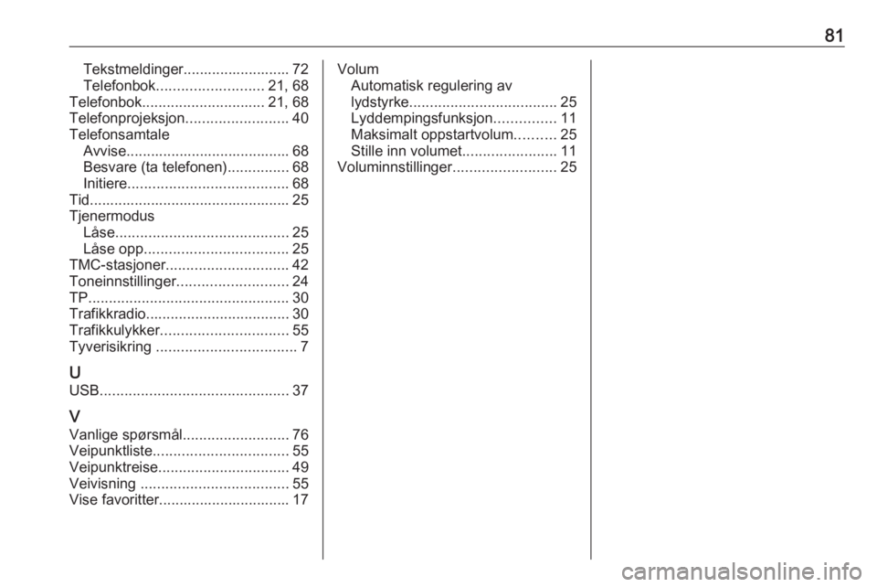 OPEL INSIGNIA 2016  Brukerhåndbok for infotainmentsystem 81Tekstmeldinger.......................... 72
Telefonbok .......................... 21, 68
Telefonbok .............................. 21, 68
Telefonprojeksjon .........................40
Telefonsamtale