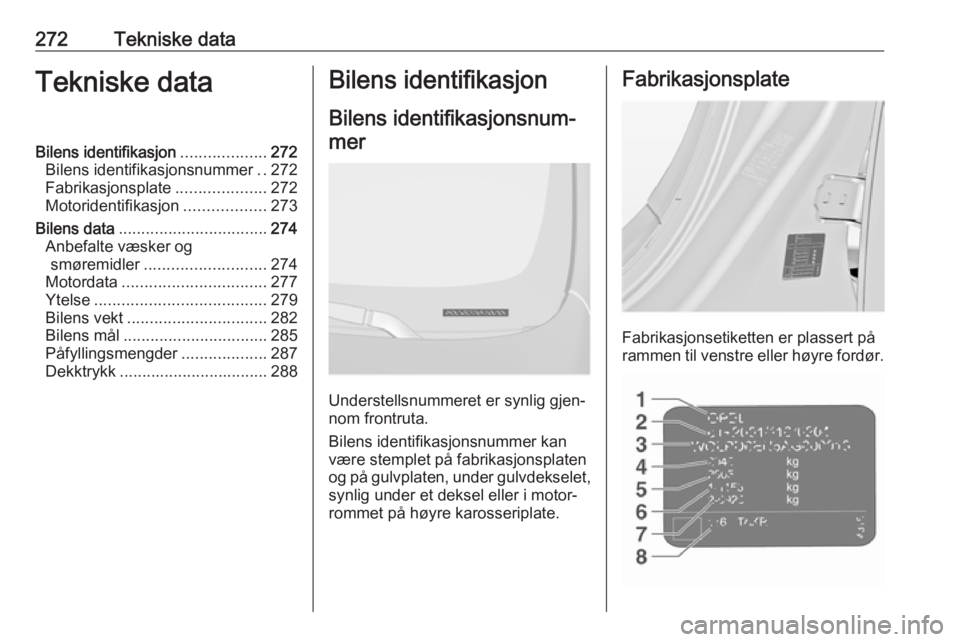 OPEL INSIGNIA 2016  Instruksjonsbok 272Tekniske dataTekniske dataBilens identifikasjon...................272
Bilens identifikasjonsnummer ..272
Fabrikasjonsplate ....................272
Motoridentifikasjon ..................273
Bilens d