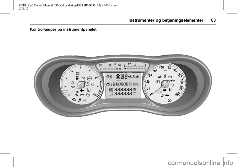 OPEL KARL 2015.75  Instruksjonsbok OPEL Karl Owner Manual (GMK-Localizing-EU LHD-9231167) - 2016 - crc -
5/11/15
Instrumenter og betjeningselementer 63
Kontrollamper på instrumentpanelet 