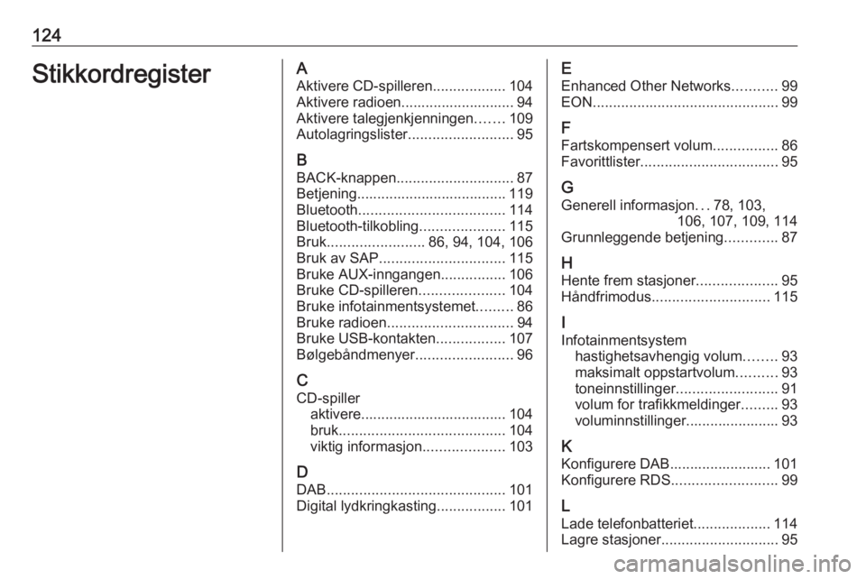 OPEL MERIVA 2016.5 Brukerhåndbok for infotainmentsystem 124StikkordregisterAAktivere CD-spilleren ..................104
Aktivere radioen............................ 94
Aktivere talegjenkjenningen .......109
Autolagringslister ..........................95
B OPEL MERIVA 2016.5 Brukerhåndbok for infotainmentsystem 124StikkordregisterAAktivere CD-spilleren ..................104
Aktivere radioen............................ 94
Aktivere talegjenkjenningen .......109
Autolagringslister ..........................95
B