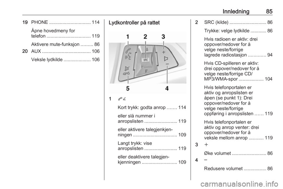 OPEL MERIVA 2016.5 Brukerhåndbok for infotainmentsystem Innledning8519PHONE ............................... 114
Åpne hovedmeny for
telefon ................................. 119
Aktivere mute-funksjon .........86
20 AUX .................................... OPEL MERIVA 2016.5 Brukerhåndbok for infotainmentsystem Innledning8519PHONE ............................... 114
Åpne hovedmeny for
telefon ................................. 119
Aktivere mute-funksjon .........86
20 AUX ....................................
