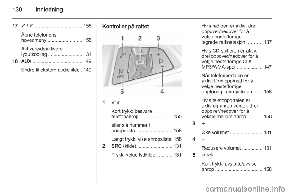OPEL ZAFIRA C 2015.5  Brukerhåndbok for infotainmentsystem 130Innledning
177 / i ................................... 155
Åpne telefonens
hovedmeny ......................... 158
Aktivere/deaktivere lydutkobling ......................... 131
18 AUX ...........