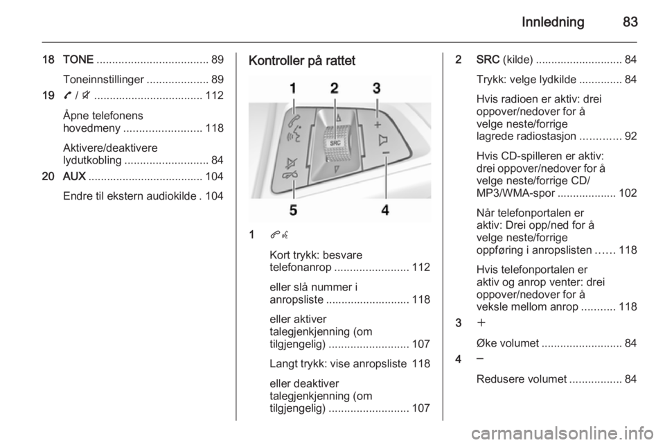 OPEL ZAFIRA C 2015.5  Brukerhåndbok for infotainmentsystem Innledning83
18 TONE.................................... 89
Toneinnstillinger ....................89
19 7 / i ................................... 112
Åpne telefonens
hovedmeny .......................