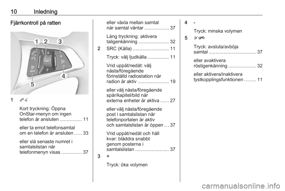 OPEL ADAM 2017 Handbok för infotainmentsystem 10InledningFjärrkontroll på ratten
1qw
Kort tryckning: Öppna
OnStar-menyn om ingen
telefon är ansluten ................11
eller ta emot telefonsamtal
om en telefon är ansluten .....33
eller slå OPEL ADAM 2017 Handbok för infotainmentsystem 10InledningFjärrkontroll på ratten
1qw
Kort tryckning: Öppna
OnStar-menyn om ingen
telefon är ansluten ................11
eller ta emot telefonsamtal
om en telefon är ansluten .....33
eller slå