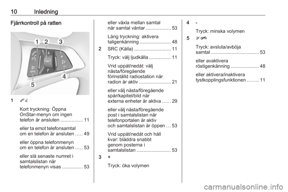 OPEL ADAM 2018 Handbok för infotainmentsystem 10InledningFjärrkontroll på ratten
1qw
Kort tryckning: Öppna
OnStar-menyn om ingen
telefon är ansluten ................11
eller ta emot telefonsamtal
om en telefon är ansluten .....49
eller öppn OPEL ADAM 2018 Handbok för infotainmentsystem 10InledningFjärrkontroll på ratten
1qw
Kort tryckning: Öppna
OnStar-menyn om ingen
telefon är ansluten ................11
eller ta emot telefonsamtal
om en telefon är ansluten .....49
eller öppn