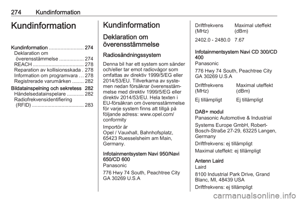 OPEL ASTRA J 2018  Instruktionsbok 274KundinformationKundinformationKundinformation........................274
Deklaration om överensstämmelse .................274
REACH .................................... 278
Reparation av kollisio