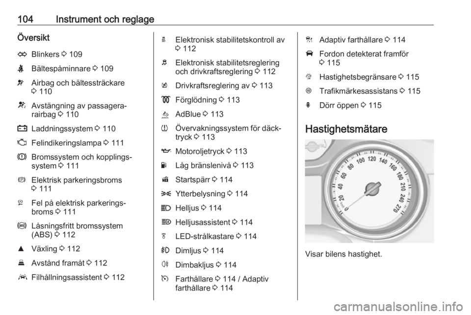 OPEL ASTRA K 2018.5  Instruktionsbok 104Instrument och reglageÖversiktOBlinkers 3 109XBältespåminnare  3 109vAirbag och bältessträckare
3  110VAvstängning av passagera‐
rairbag  3 110pLaddningssystem  3 110ZFelindikeringslampa  3