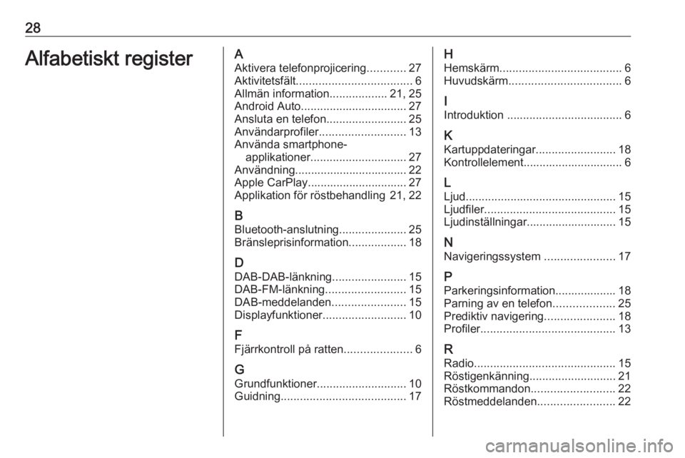OPEL ASTRA K 2020 Handbok för infotainmentsystem 28Alfabetiskt registerAAktivera telefonprojicering ............27
Aktivitetsfält .................................... 6
Allmän information ..................21, 25
Android Auto ..................... OPEL ASTRA K 2020 Handbok för infotainmentsystem 28Alfabetiskt registerAAktivera telefonprojicering ............27
Aktivitetsfält .................................... 6
Allmän information ..................21, 25
Android Auto .....................
