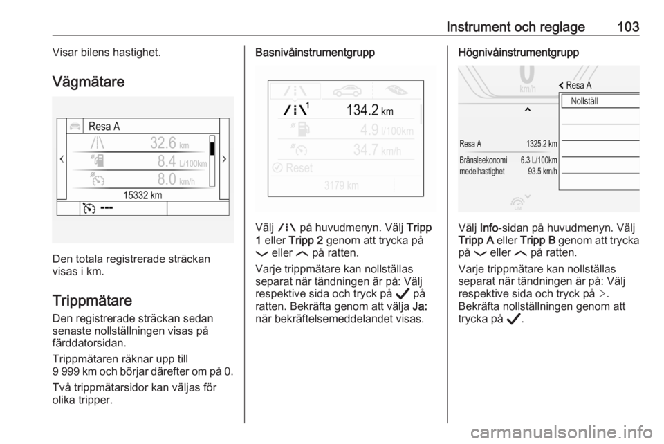 OPEL ASTRA K 2020  Instruktionsbok Instrument och reglage103Visar bilens hastighet.
Vägmätare
Den totala registrerade sträckan
visas i km.
Trippmätare
Den registrerade sträckan sedan
senaste nollställningen visas på
färddatorsi
