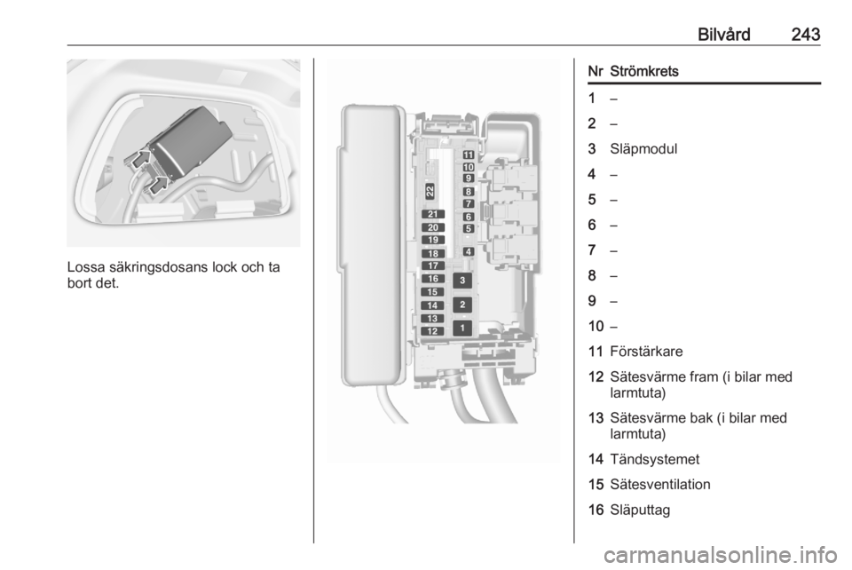 OPEL ASTRA K 2020  Instruktionsbok Bilvård243
Lossa säkringsdosans lock och ta
bort det.
NrStrömkrets1–2–3Släpmodul4–5–6–7–8–9–10–11Förstärkare12Sätesvärme fram (i bilar med
larmtuta)13Sätesvärme bak (i bila