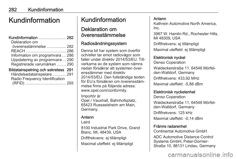 OPEL ASTRA K 2020  Instruktionsbok 282KundinformationKundinformationKundinformation........................282
Deklaration om överensstämmelse .................282
REACH .................................... 286
Information om program