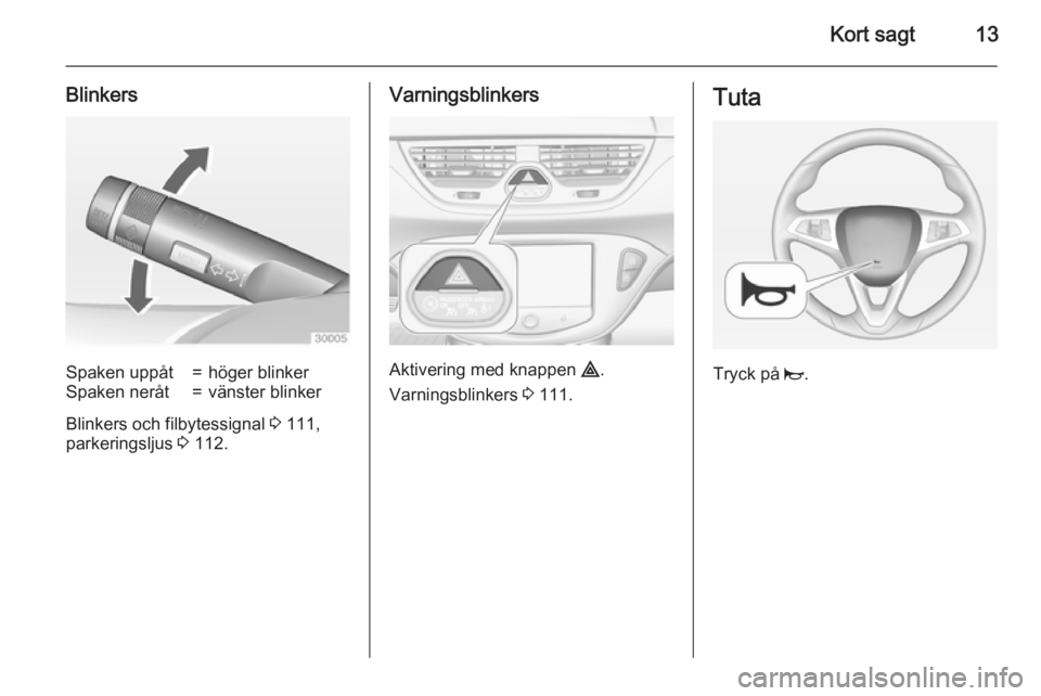 OPEL CORSA 2015  Instruktionsbok Kort sagt13
BlinkersSpaken uppåt=höger blinkerSpaken neråt=vänster blinker
Blinkers och filbytessignal 3 111,
parkeringsljus  3 112.
Varningsblinkers
Aktivering med knappen  ¨.
Varningsblinkers  