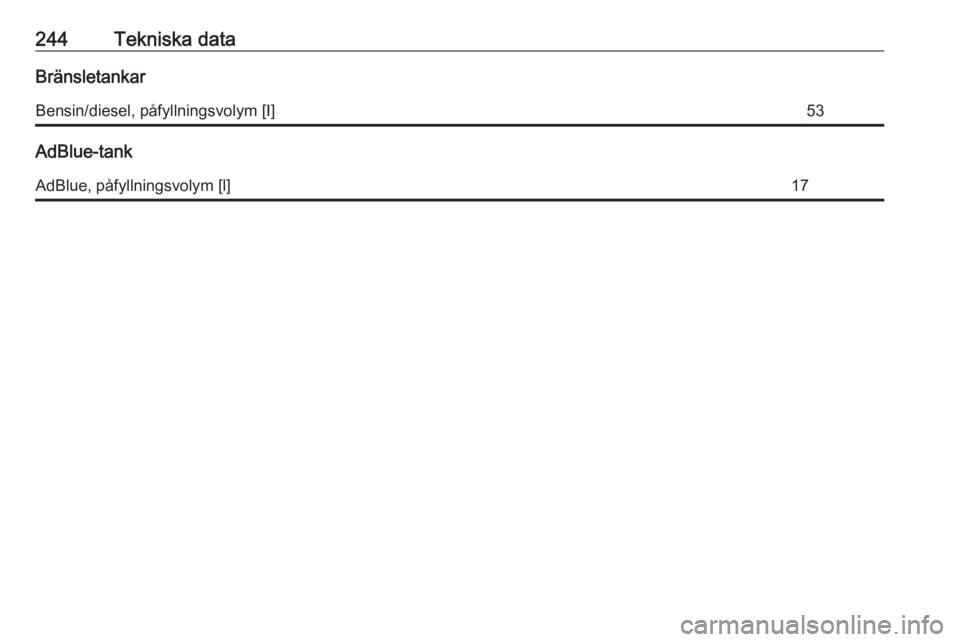 OPEL GRANDLAND X 2018  Instruktionsbok 244Tekniska dataBränsletankarBensin/diesel, påfyllningsvolym [I]53
AdBlue-tank
AdBlue, påfyllningsvolym [l]17 