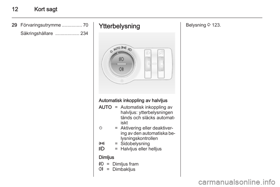 OPEL INSIGNIA 2014.5  Instruktionsbok 12Kort sagt
29Förvaringsutrymme ...............70
Säkringshållare  ..................234Ytterbelysning
Automatisk inkoppling av halvljus
AUTO=Automatisk inkoppling av
halvljus: ytterbelysningen
tä