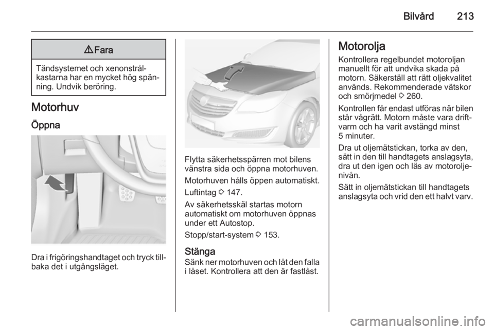 OPEL INSIGNIA 2014.5  Instruktionsbok Bilvård2139Fara
Tändsystemet och xenonstrål‐
kastarna har en mycket hög spän‐
ning. Undvik beröring.
Motorhuv
Öppna
Dra i frigöringshandtaget och tryck till‐ baka det i utgångsläget.
F