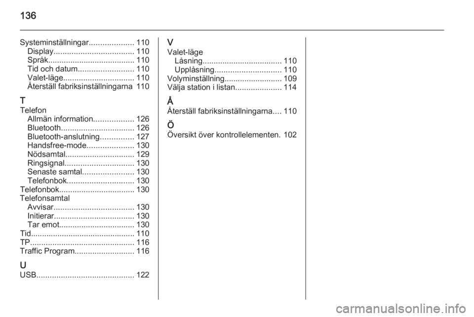 OPEL INSIGNIA 2015  Handbok för infotainmentsystem 136
Systeminställningar....................110
Display .................................... 110
Språk ....................................... 110
Tid och datum ......................... 110
Valet-l OPEL INSIGNIA 2015  Handbok för infotainmentsystem 136
Systeminställningar....................110
Display .................................... 110
Språk ....................................... 110
Tid och datum ......................... 110
Valet-l