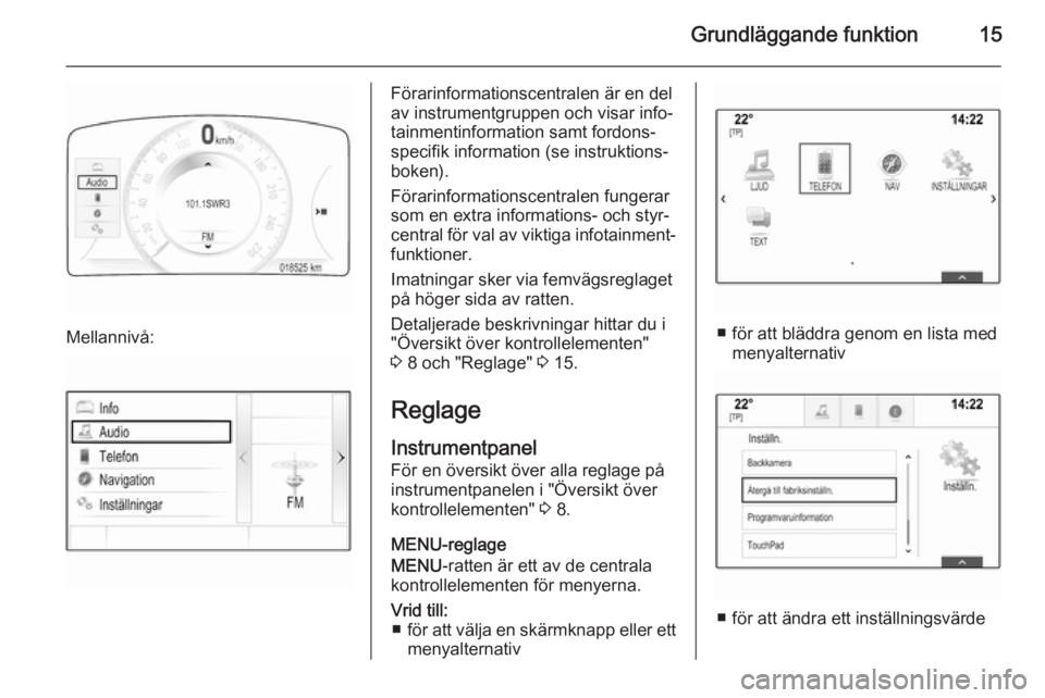 OPEL INSIGNIA 2015.5  Handbok för infotainmentsystem Grundläggande funktion15
Mellannivå:
Förarinformationscentralen är en del
av instrumentgruppen och visar info‐
tainmentinformation samt fordons‐ specifik information (se instruktions‐
boken)