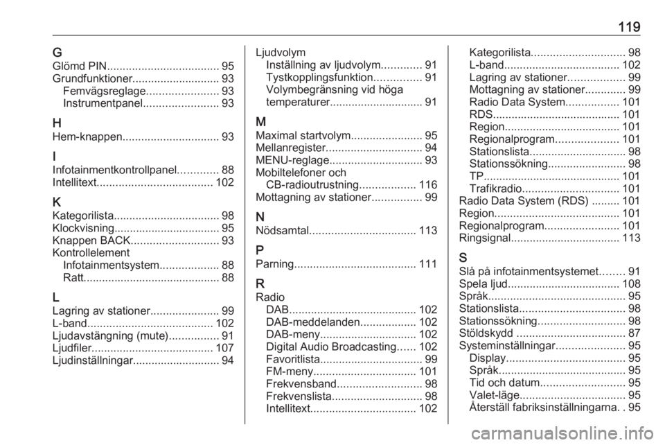 OPEL INSIGNIA 2017  Handbok för infotainmentsystem 119GGlömd PIN .................................... 95
Grundfunktioner ............................ 93
Femvägsreglage .......................93
Instrumentpanel ........................93
H
Hem-knappe