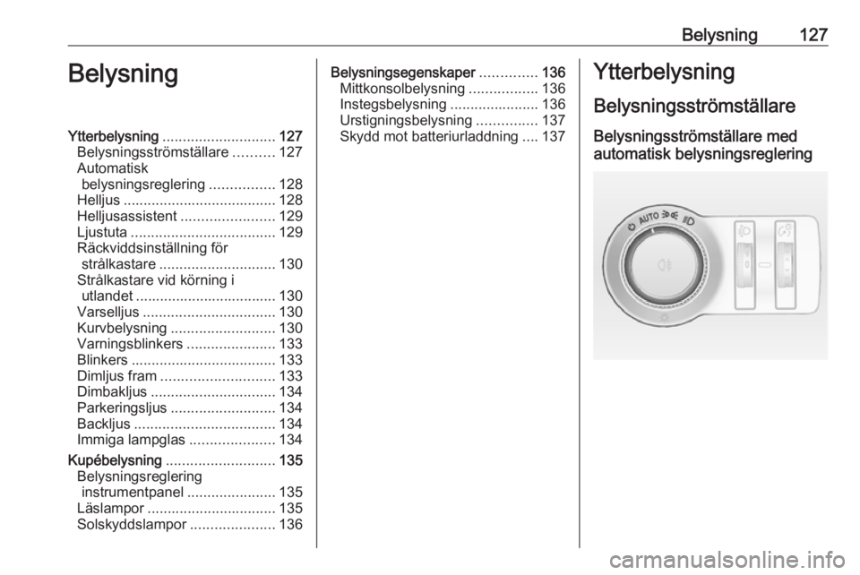 OPEL INSIGNIA 2017  Instruktionsbok Belysning127BelysningYtterbelysning............................ 127
Belysningsströmställare ..........127
Automatisk belysningsreglering ................128
Helljus .................................