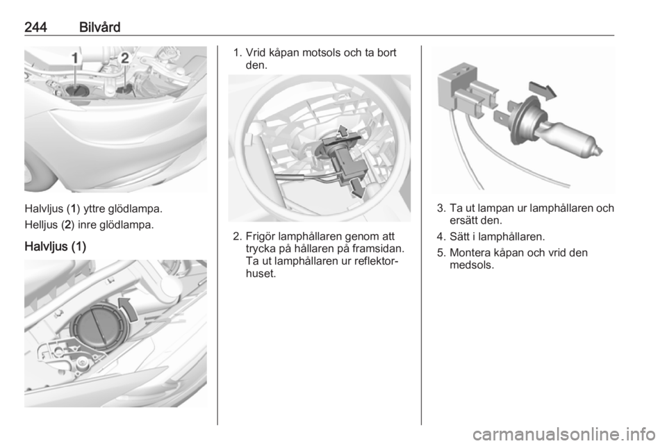 OPEL INSIGNIA BREAK 2018.5  Instruktionsbok 244Bilvård
Halvljus (1) yttre glödlampa.
Helljus ( 2) inre glödlampa.
Halvljus (1)
1. Vrid kåpan motsols och ta bort den.
2. Frigör lamphållaren genom atttrycka på hållaren på framsidan.
Ta u