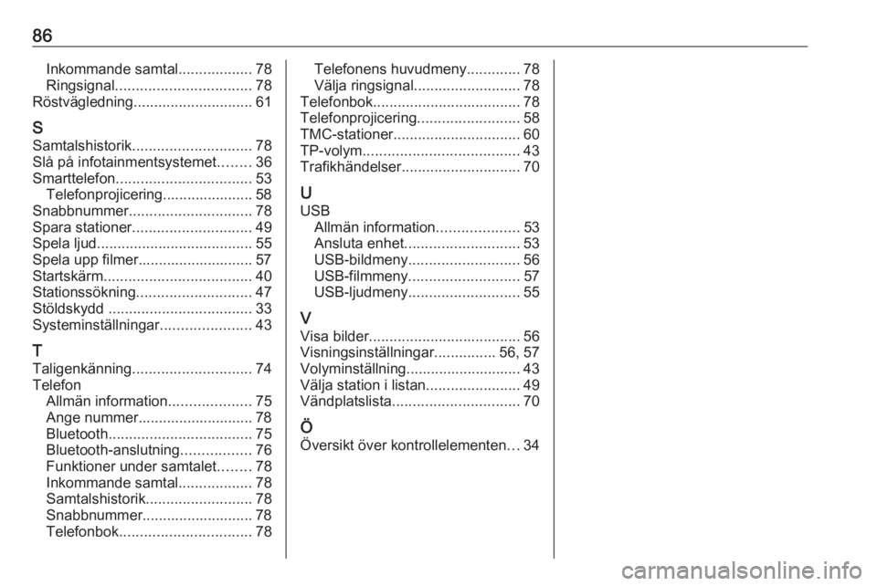 OPEL INSIGNIA BREAK 2020  Handbok för infotainmentsystem 86Inkommande samtal..................78
Ringsignal ................................. 78
Röstvägledning ............................. 61
S Samtalshistorik ............................. 78
Slå på in