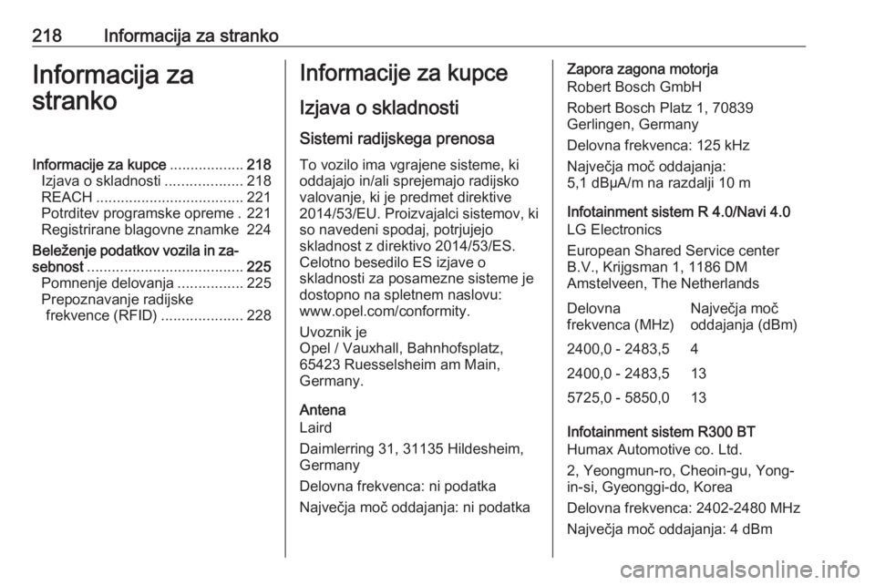 OPEL CORSA E 2019 Uporabniški priročnik 218Informacija za strankoInformacija za
strankoInformacije za kupce ..................218
Izjava o skladnosti ...................218
REACH .................................... 221
Potrditev programske OPEL CORSA E 2019 Uporabniški priročnik 218Informacija za strankoInformacija za
strankoInformacije za kupce ..................218
Izjava o skladnosti ...................218
REACH .................................... 221
Potrditev programske