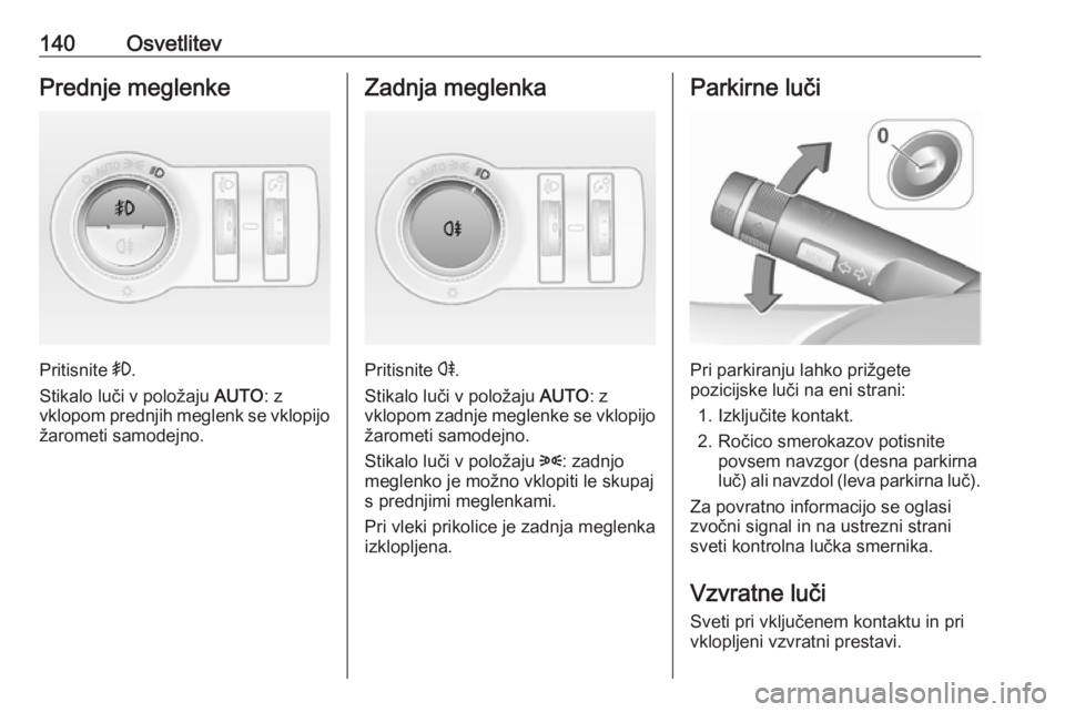 OPEL INSIGNIA 2016.5  Uporabniški priročnik 140OsvetlitevPrednje meglenke
Pritisnite >.
Stikalo luči v položaju  AUTO: z
vklopom prednjih meglenk se vklopijo
žarometi samodejno.
Zadnja meglenka
Pritisnite  r.
Stikalo luči v položaju  AUTO: