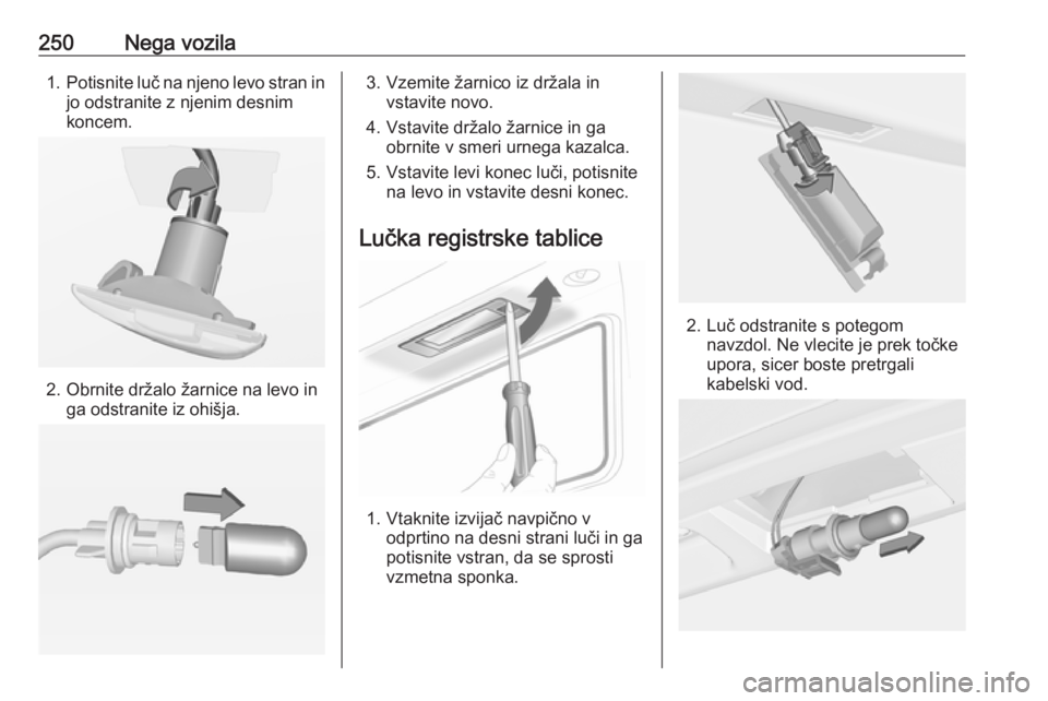 OPEL INSIGNIA 2016.5  Uporabniški priročnik 250Nega vozila1.Potisnite luč na njeno levo stran in
jo odstranite z njenim desnim
koncem.
2. Obrnite držalo žarnice na levo in ga odstranite iz ohišja.
3. Vzemite žarnico iz držala in vstavite 