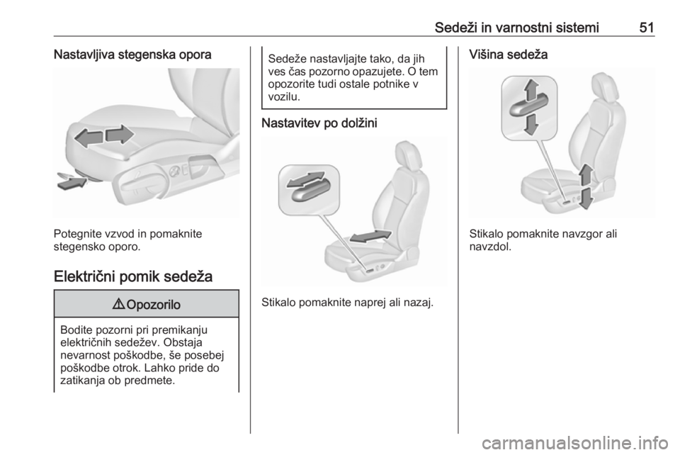 OPEL INSIGNIA 2016.5  Uporabniški priročnik Sedeži in varnostni sistemi51Nastavljiva stegenska opora
Potegnite vzvod in pomaknite
stegensko oporo.
Električni pomik sedeža
9 Opozorilo
Bodite pozorni pri premikanju
električnih sedežev. Obsta
