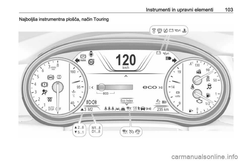 OPEL INSIGNIA BREAK 2020  Uporabniški priročnik Instrumenti in upravni elementi103Najboljša instrumentna plošča, način Touring 