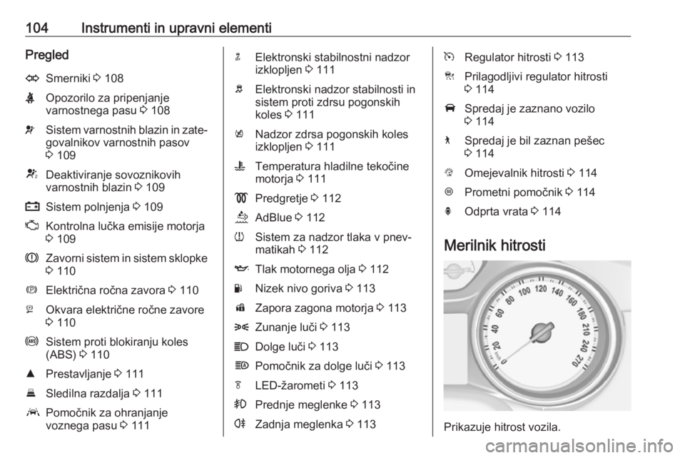 OPEL INSIGNIA BREAK 2020  Uporabniški priročnik 104Instrumenti in upravni elementiPregledOSmerniki 3 108XOpozorilo za pripenjanje
varnostnega pasu  3 108vSistem varnostnih blazin in zate‐
govalnikov varnostnih pasov
3  109VDeaktiviranje sovozniko