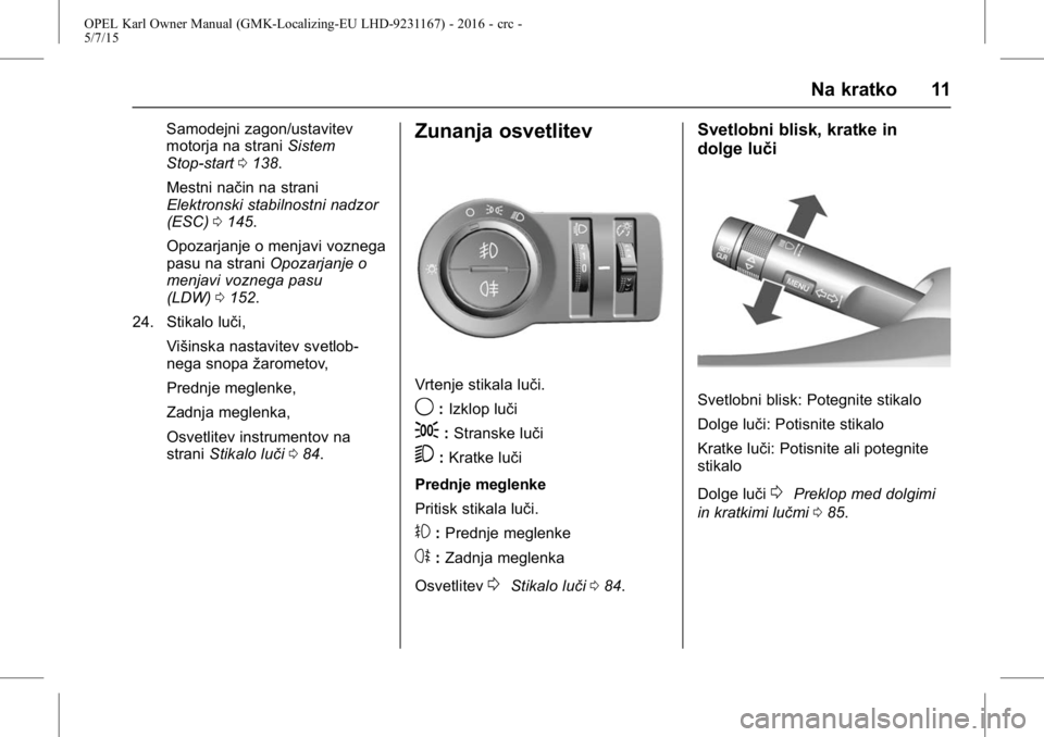 OPEL KARL 2015.75  Uporabniški priročnik OPEL Karl Owner Manual (GMK-Localizing-EU LHD-9231167) - 2016 - crc -
5/7/15
Na kratko 11
Samodejni zagon/ustavitev
motorja na straniSistem
Stop-start 0138.
Mestni način na strani
Elektronski stabiln