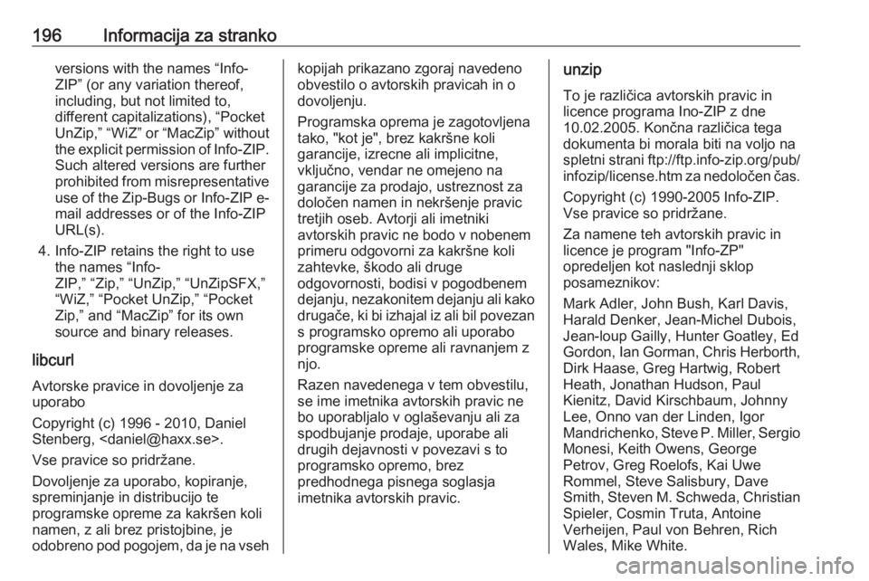 OPEL KARL 2017.5  Uporabniški priročnik 196Informacija za strankoversions with the names “Info-
ZIP” (or any variation thereof,
including, but not limited to,
different capitalizations), “Pocket
UnZip,” “WiZ” or “MacZip” wit