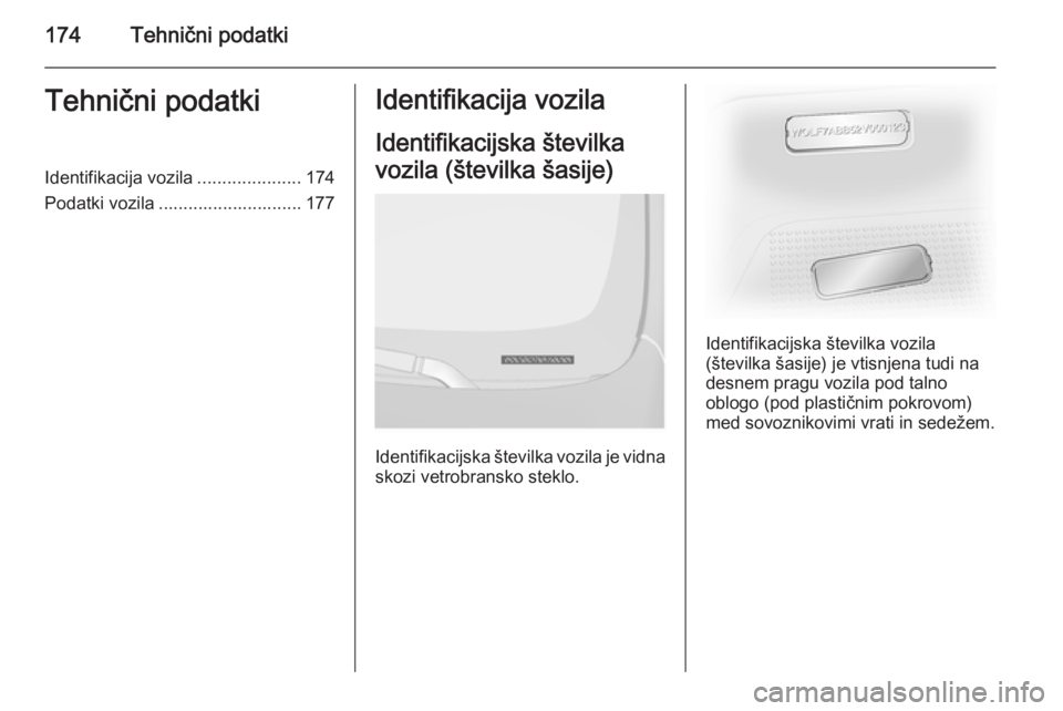 OPEL VIVARO B 2014.5  Uporabniški priročnik 174Tehnični podatkiTehnični podatkiIdentifikacija vozila.....................174
Podatki vozila ............................. 177Identifikacija vozila
Identifikacijska številka
vozila (številka š