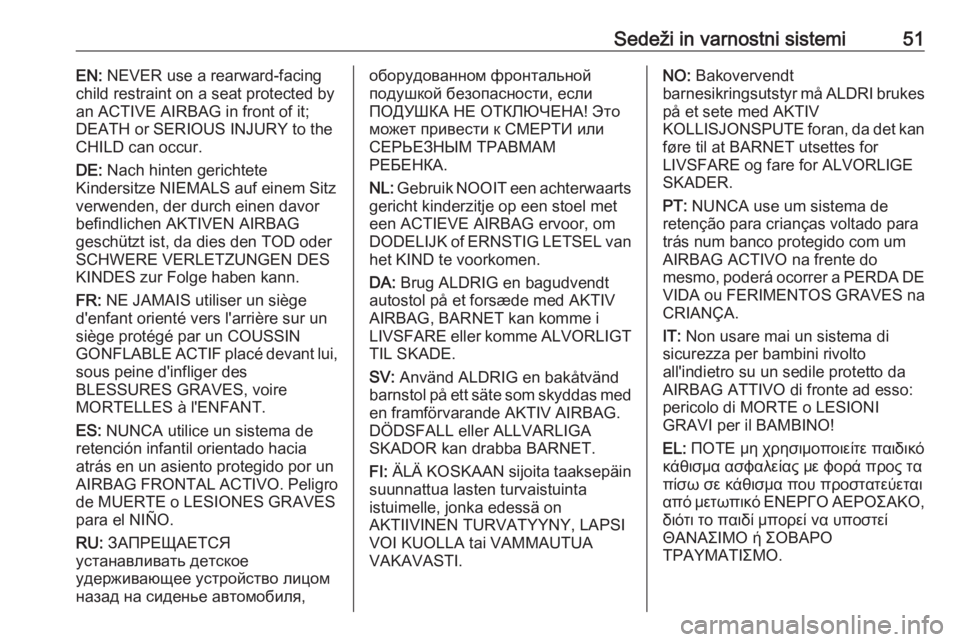 OPEL ZAFIRA C 2019  Uporabniški priročnik Sedeži in varnostni sistemi51EN: NEVER use a rearward-facing
child restraint on a seat protected by
an ACTIVE AIRBAG in front of it;
DEATH or SERIOUS INJURY to the
CHILD can occur.
DE:  Nach hinten g